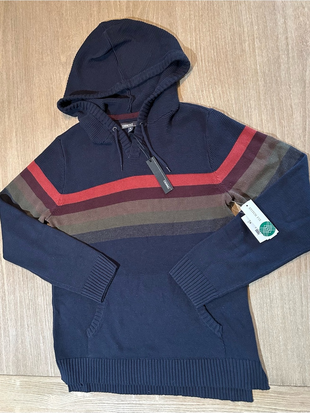 Commerce Stitch Fix Men’s M Hooded Knit NWT Night Blue Striped Pullover